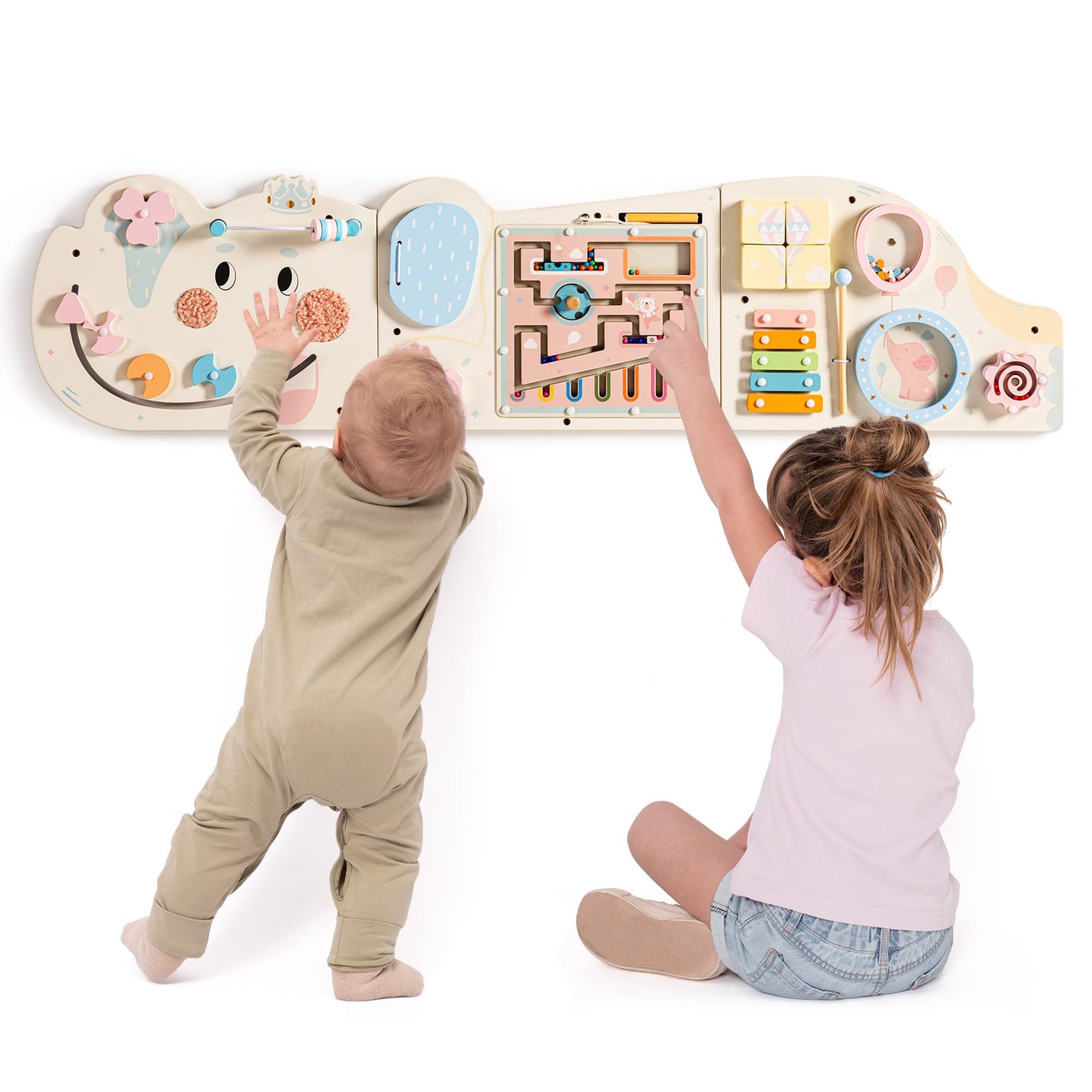 ROBUD Elephant Montessori Busy Board, 12-in-1 Activity Wall Busy Board, Montessori Sensory Wall Panel for Boys & Girls, Toddler Learning Activity Center for Playroom, Nursery, Beige