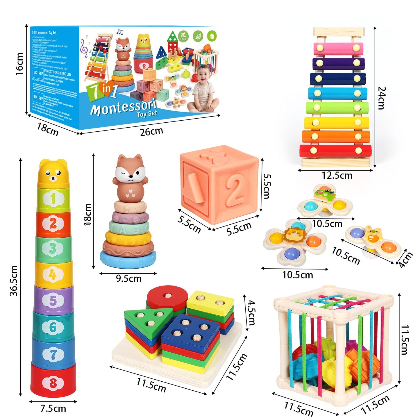 LearnToy Baby Toys 18-36 Months, Montessori 7-in-1 Activity Set - Stacking Blocks, Infant Teething Toy & Sensory Bin, Baby Boys & Girls Gifts
