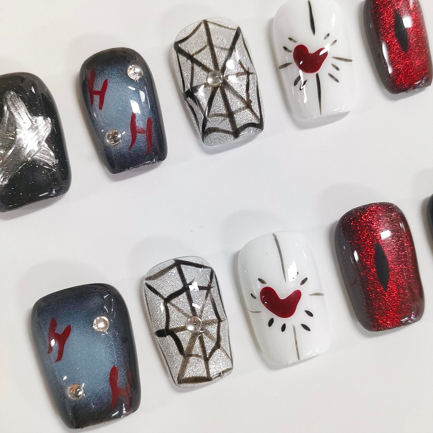 Halloween Press on Nails Short Square Handmade Acrylic Nails 3D Thick Fake Nails with Rhinestones Spider Web Stars Designs Sparkly Black&Red Sturdy Art False Press on Nail 10Pcs(S)