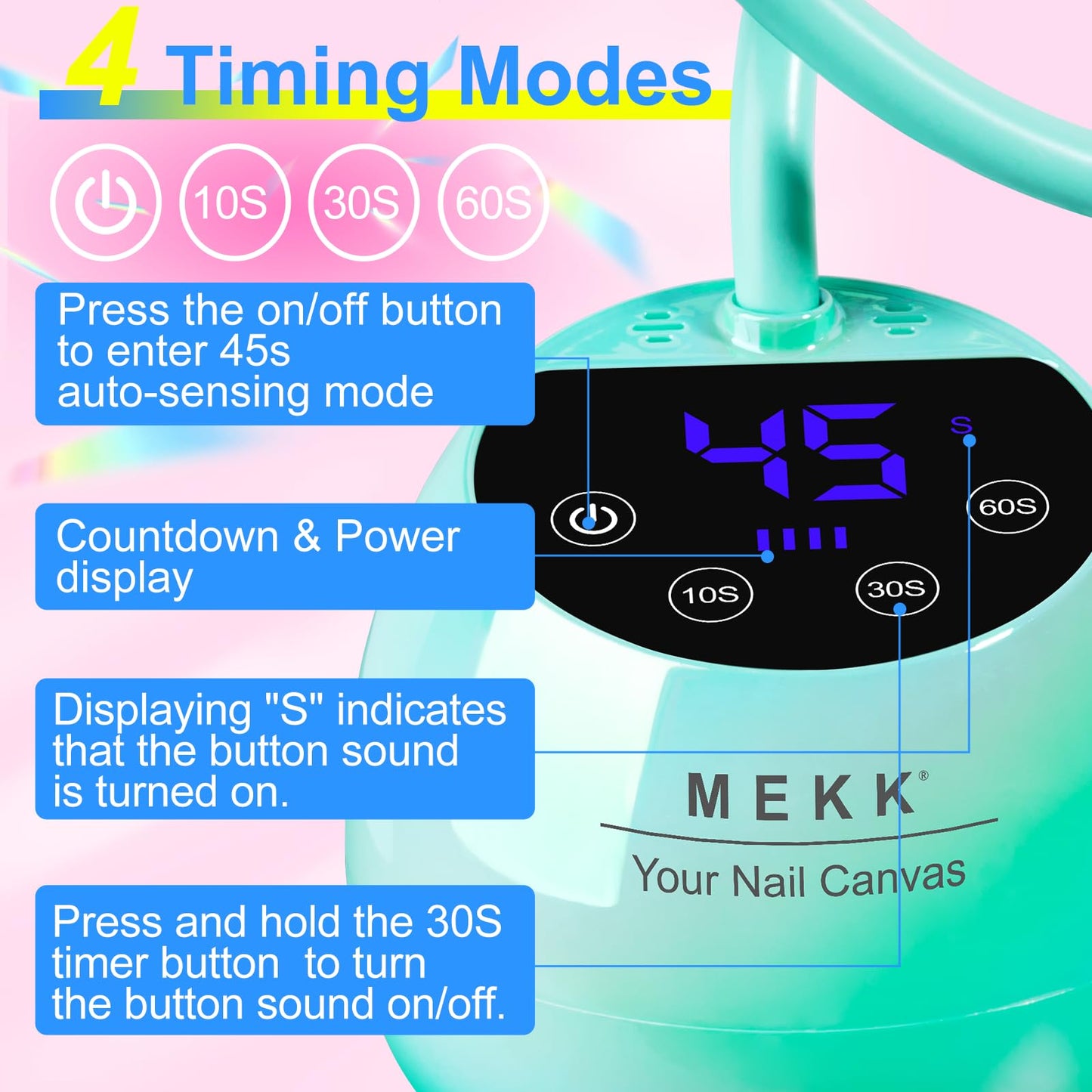 MEKK Gooseneck UV LED Nail Lamp - 36W Cordless Mini UV Light for Gel Nails for Home & Travel, Single Nails Light for Detail Work, Flash Cure Lamp with Auto Sensor, 4 Timers (Glazed Blue)