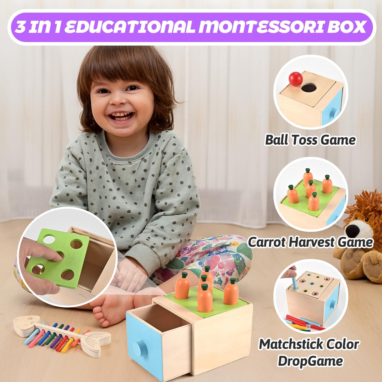 WoodTrove Wooden Montessori Toys for 1+ Year Old, 9-in-1 Learning Educational Set with 3-in-1 Activity Box, Pound Bench, Shape Puzzle, Cloth Books, Fishbone Matching & Ring Stacker