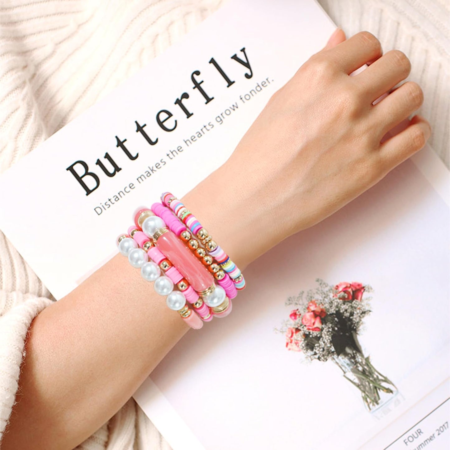 GOOJIDS Simple Beaded Gold Plated Bangles Bracelet Chunky Bamboo Tube Curved Stacking Clear Acrylic Colorful Beads Stretchable Gold Platd Bracelets Set For Women