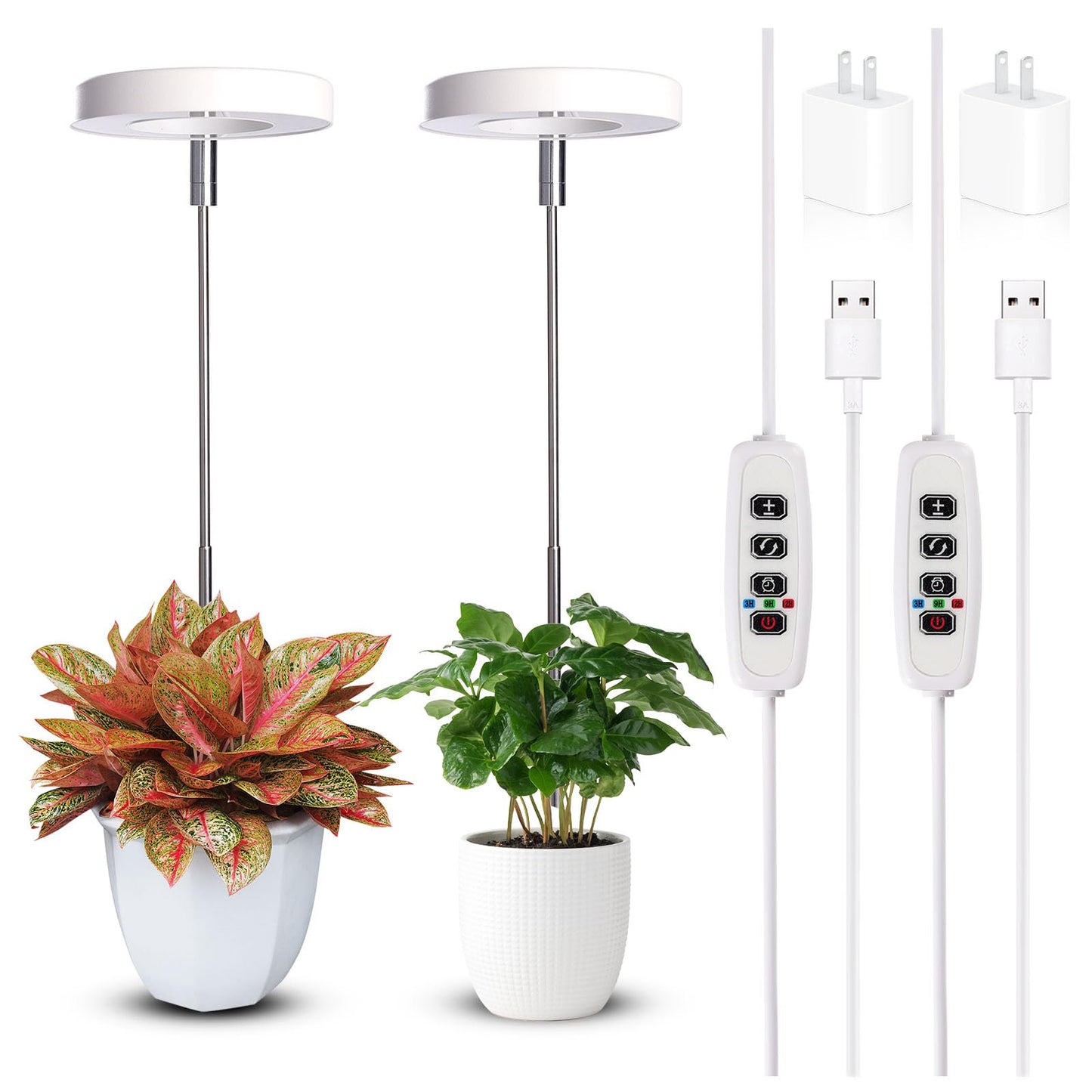 Grow Lights for Indoor Plants Small Potted - Full Spectrum, Auto 3/9/12H Timer, 10-Level Dimming & Adjustable Height - Compact Grow Light for Succulents, Herbs, Foliage in Home/Office (White,2PACKS)