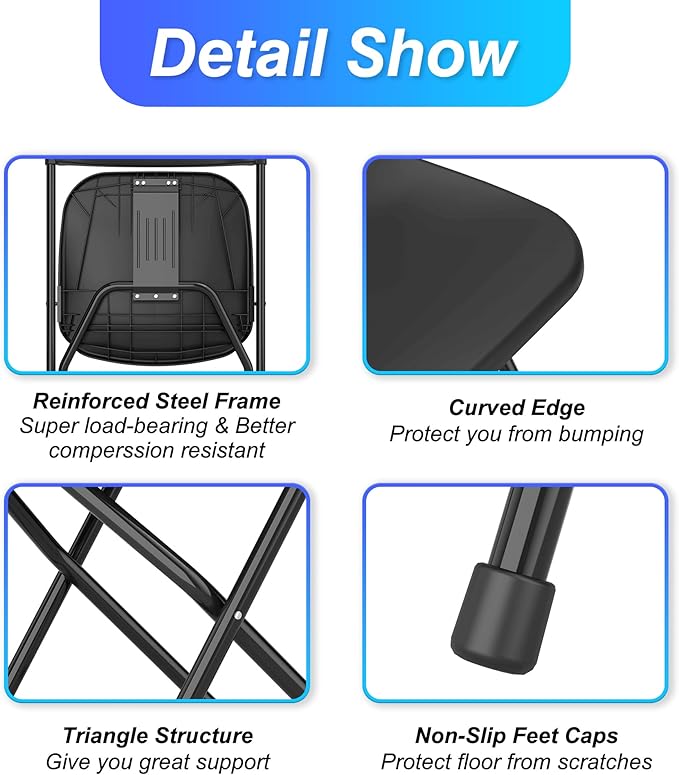 Allpop 10 Pack Plastic Folding Chair, 300lb Capacity, Portable Commercial Chair with Steel Frame for Home Office Wedding Party Indoor Outdoor Events, Stackable, Black