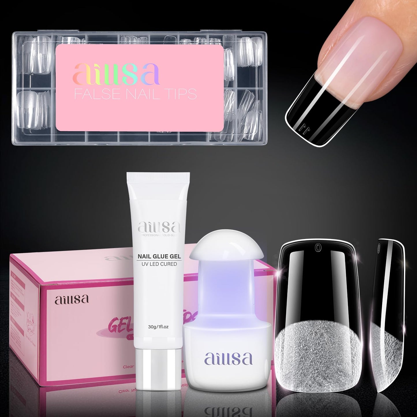 AILLSA Nail Extension Kit Medium Square Nail Tips 120pcs, Professional Glue Gel 30g for Fake Acrylic Nails, Nail Tips with Glue Kit with U V Lamp for Women Starters Home Salon
