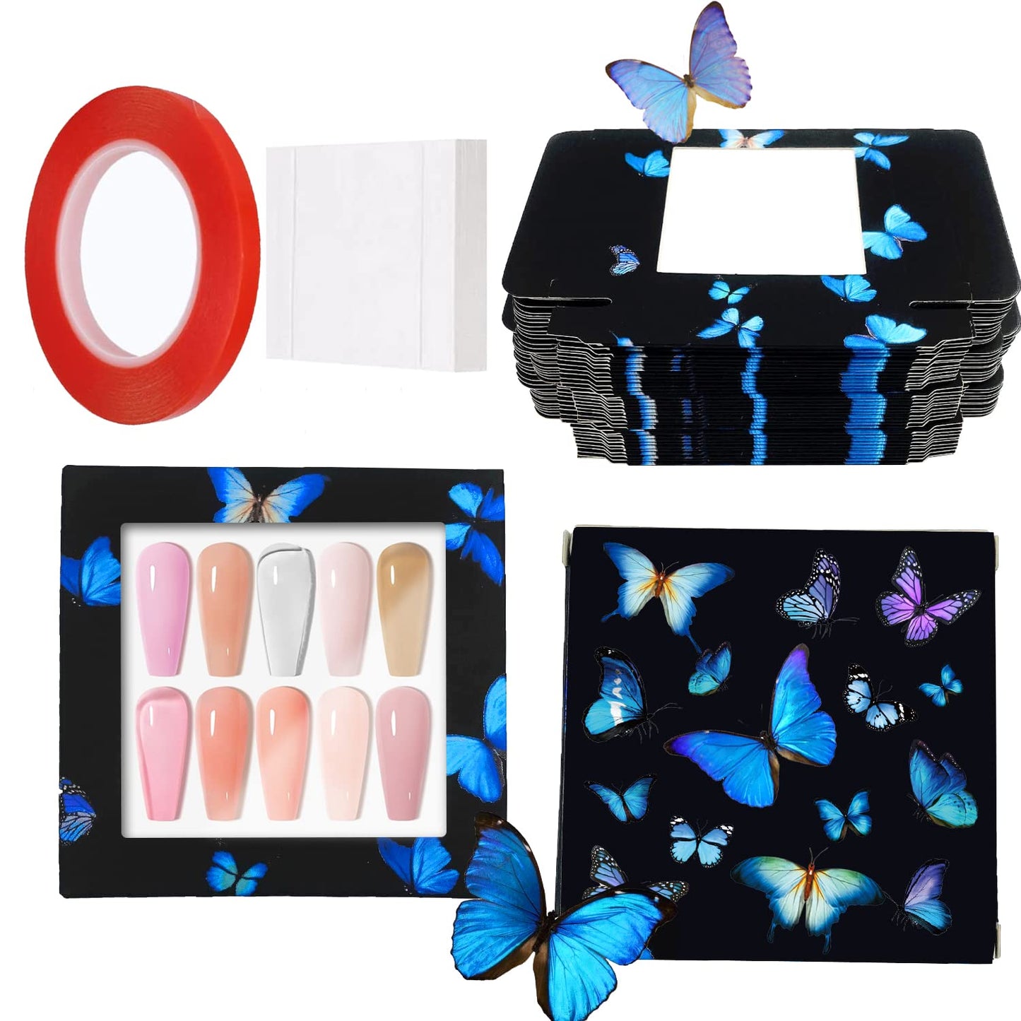 HLQHXWHZT 71 Pcs Include 35Pcs Empty Press on Nails Packaging Box 35 Pcs White Background Papers and 1 Double Sided Tape, Empty Nail Package Box Set for Press on Nail Business (Black)…
