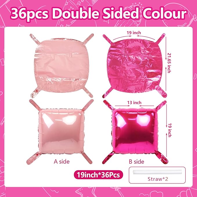 NISOCY 36PCS Hot Magenta Pink Square Foil Balloons Wall Backdrop Double Sided Metallic Pink Balloons Arch Kit for Anniversary Bachelorette Birthday Engagement Bridal Baby Shower Party Decorations