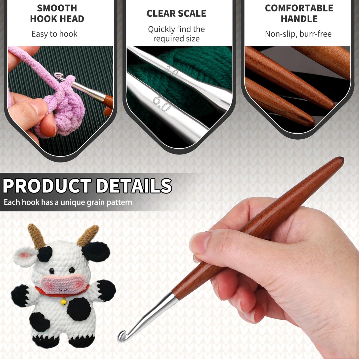 Lunarm 8 Pack Crochet Hooks Set, Ergonomic Aluminum Crochet Hooks with Wood Handle for Arthritic Hands DIY Craft Knitting Dolls, Bouquets, Blankets, Hats, Gloves from Various Yarns - Size 3mm-7mm