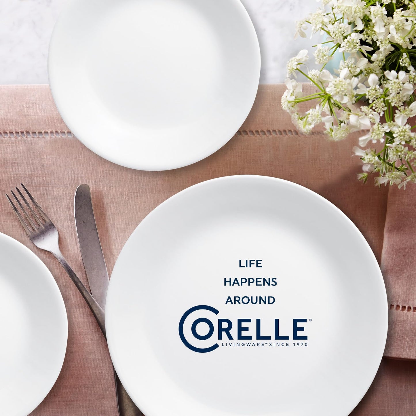 Corelle Vitrelle 18-Piece Service for 6 Dinnerware Set Triple Layer Glass and Chip Resistant, Lightweight Round Plates and Bowls Set, Winter Frost White