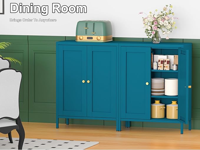 Coffee Bar Cabinet, Metal Sideboard Buffet Cabinet,Metal Storage Cabinet with 2 Doors and Adjustable Shelves for Kitche, Living Room, Entryway, Bathroom,Office (Blue, 31.5" H)