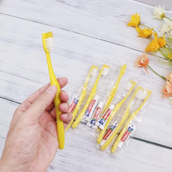 Disposable Toothbrush with Toothpaste Set Pack of 150,Yellow Hollow Individually Wrapped Manual Travel Toothbrush Kit in Bulk Toiletries for Adults,Kids,Hotel,Homeless,Nursing Home,Charity