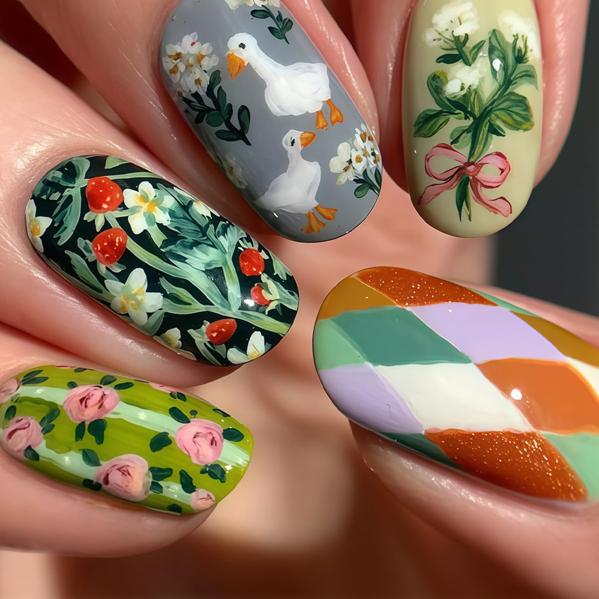 Spring Summer Cute Press on Nails Short Oval - Strawberry, Flower, Leaf & White Goose Design, Full Cover Glossy Fake Nails 24PCS for Women