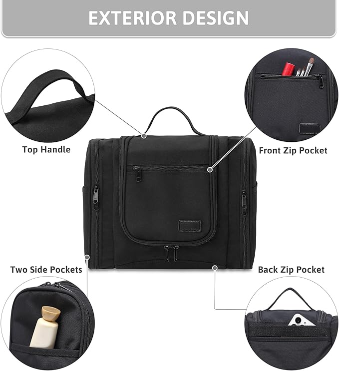 Pearl Angeli Hanging Toiletry Bag for Women, Large Makeup Cosmetic Bag, Water Resistant Toiletries Travel Essentials Organizer, Full-size Container, Black