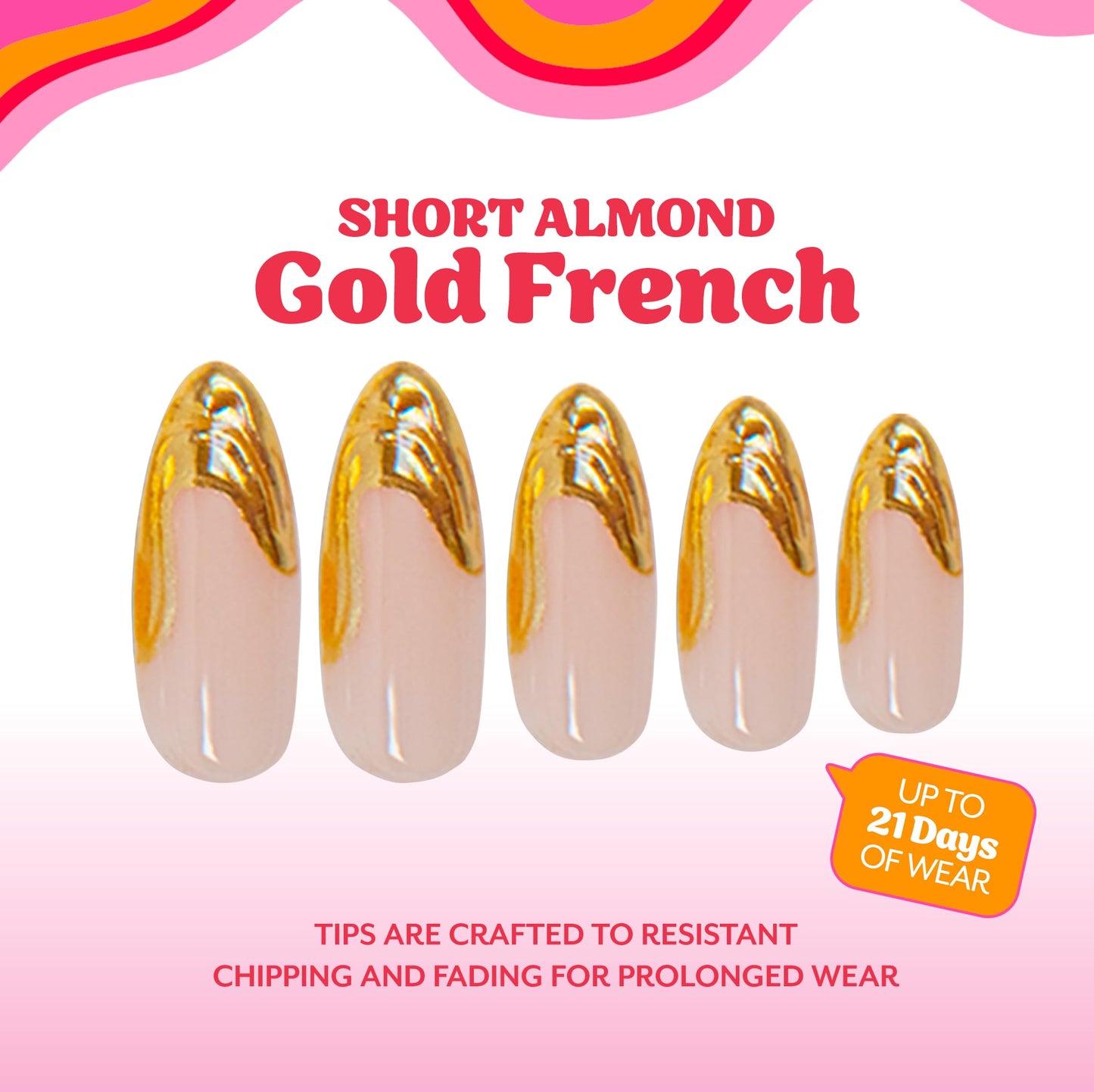 RC Red Carpet Manicure Gel-On Designed Tips - Full Coverage, Flexible, Break-Resistant, 21-Day Wear, UV/LED Cured Gel Adhesion for Natural Look (Gold French Medium Almond)