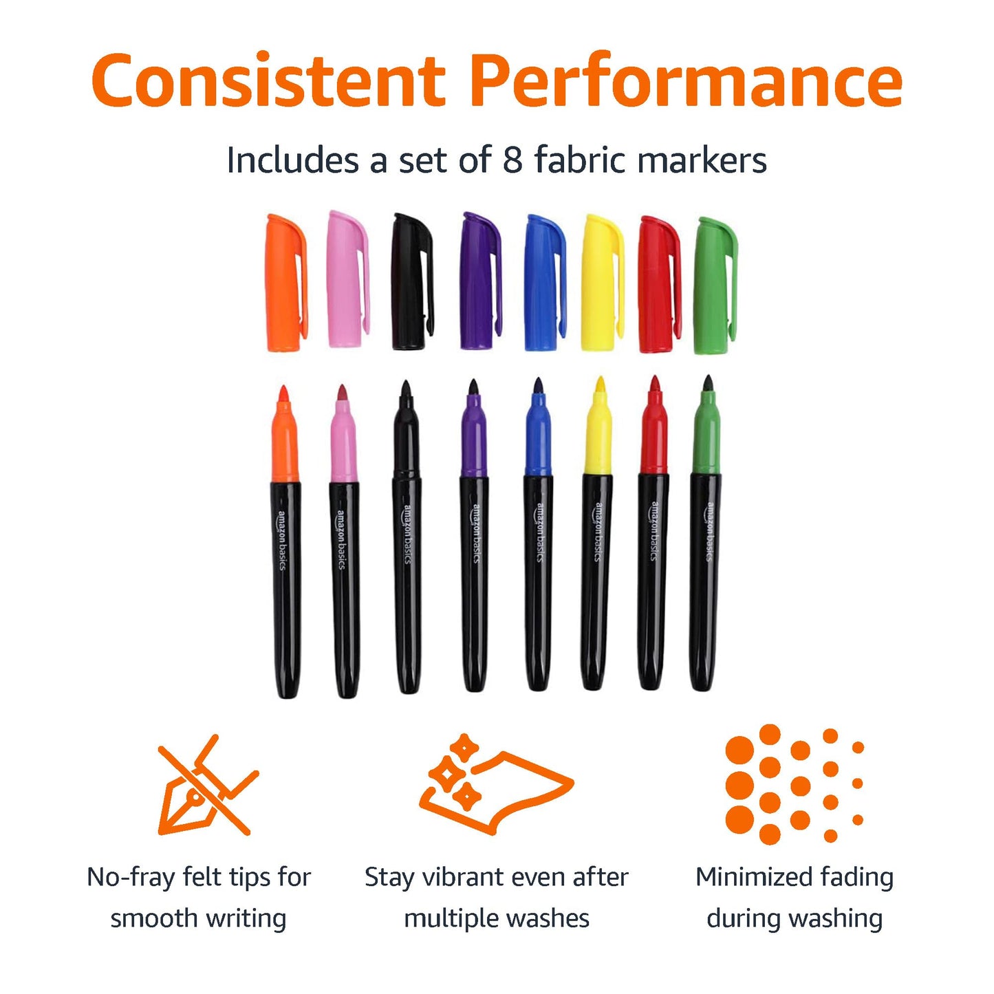 Amazon Basics Vibrant Fabric Markers for T-Shirt, Clothes, Tote Bags, Bold Colors, 8-Pack