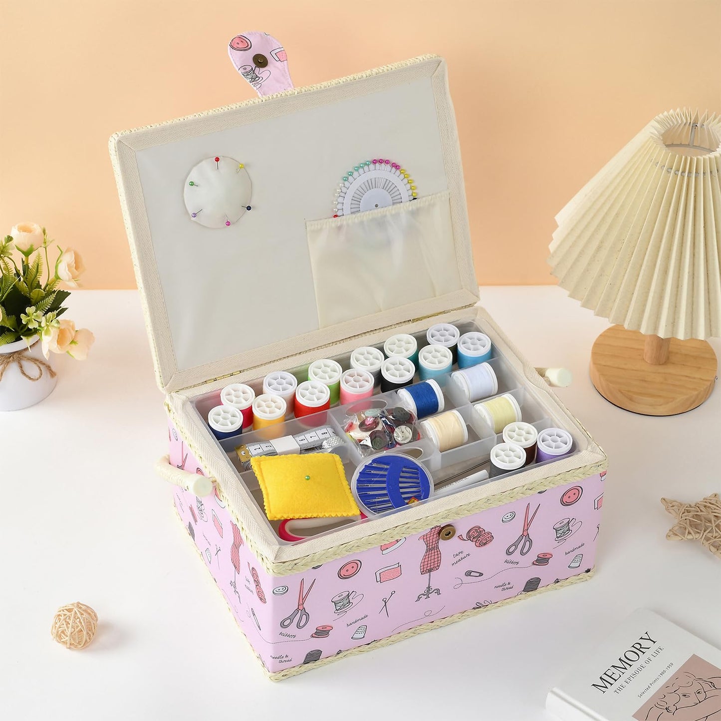 FOPUGT Sewing Basket - Large Sewing Box for Sewing Supplies, Sewing Organizer Box Sewing Kit Storage Christmas Gift for Sewing Enthusiast (Pastel Pink - Large)