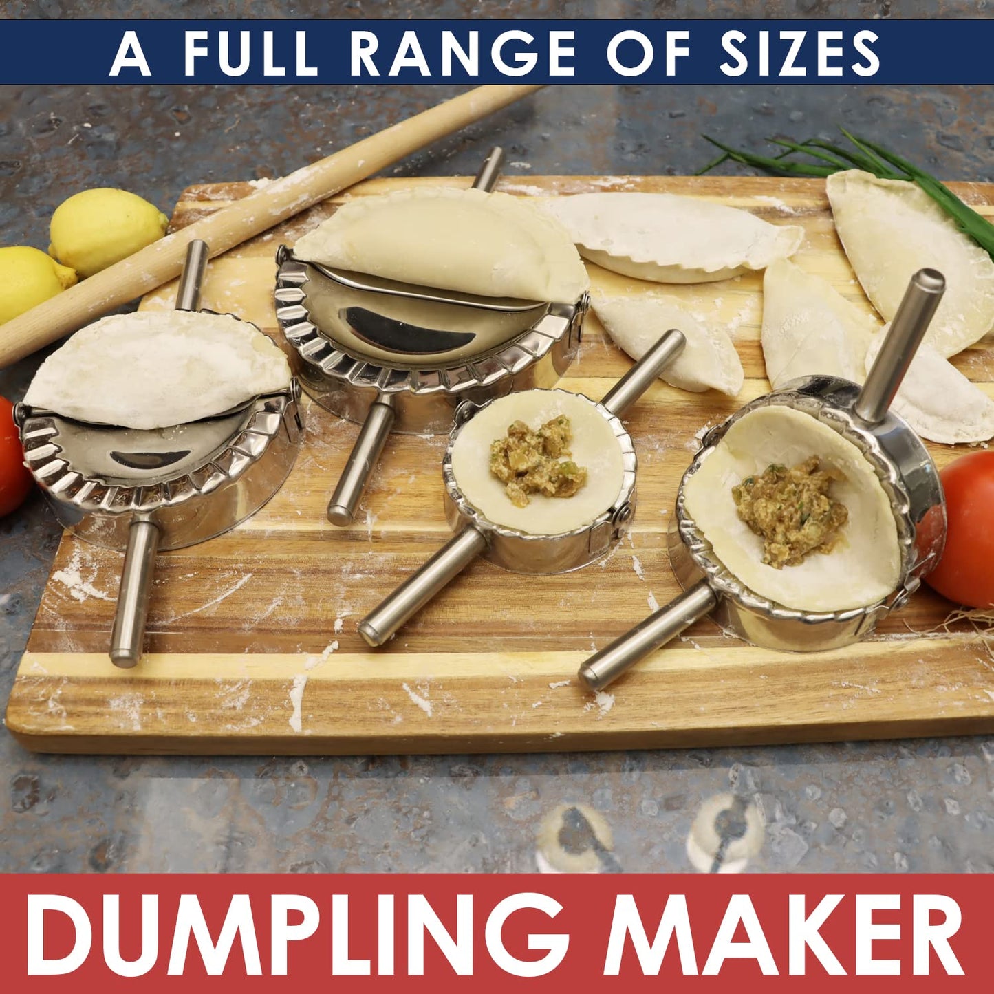 KAYCROWN Empanada Maker Press, Stainless Steel Dumpling Maker Set, 2-in-1 Dough Cutter Dumpling Mold Set for Ravioli, Pierogi, Turnovers, Calzone, Dumpling, 4 Sizes (XL/6"+L/4.75"+M/4"+S/3.25")