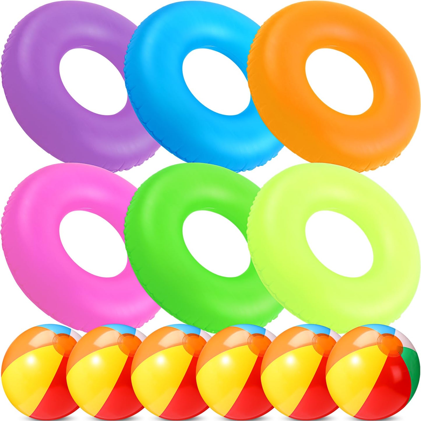 12 Sets Beach Floats, Including 6 Pcs 35 Inch Inflatable Pool Tube for Adults Swimming Rings 6 Pcs 12'' Beach Inflatable Balls for Vacation Decorations Summer Activity Party