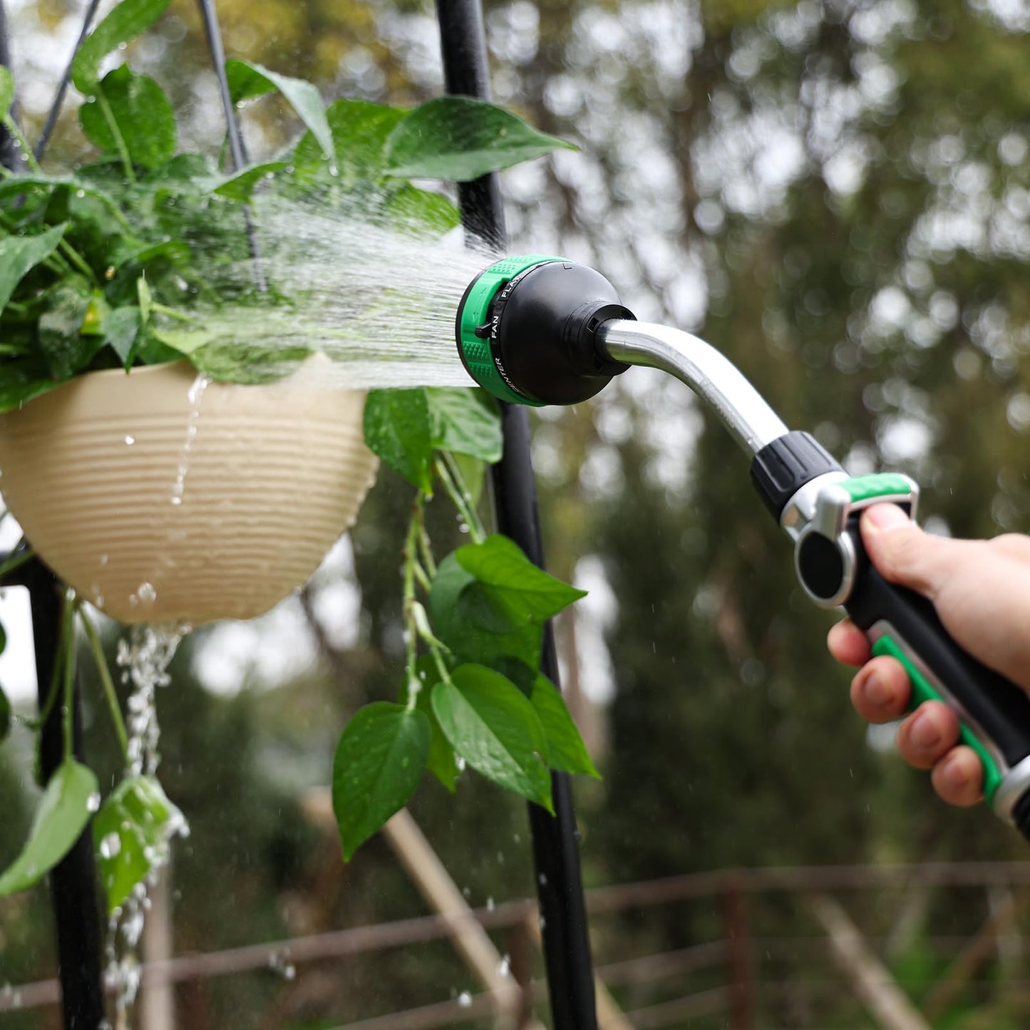 RESTMO 2-in-1 Watering Wand, Heavy Duty Metal Garden Hose Wand with 9 Spray Patterns, Multi-Function Hose Nozzle Sprayer with Thumb Flow Control, Ideal to Water Hanging Baskets and Shrubs