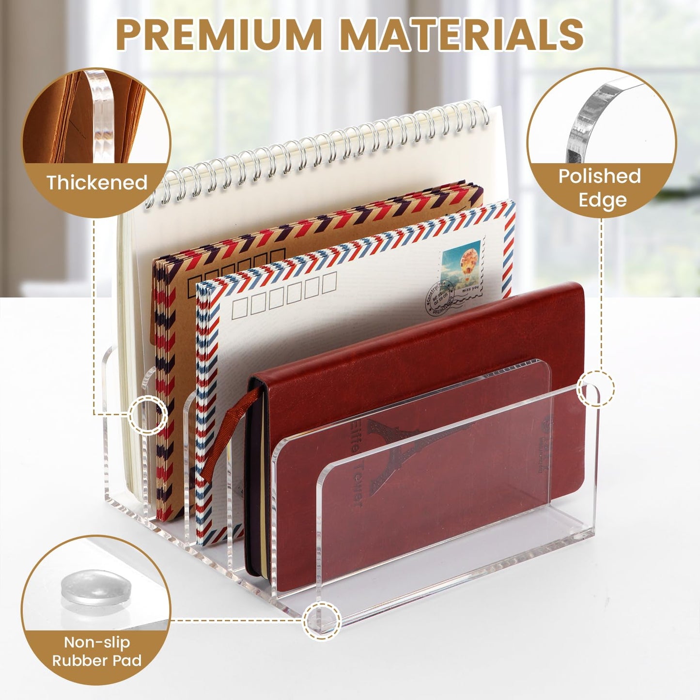 Qarituky Mail Organizer Countertop, Stylish Acrylic 5 Compartments Mail Holder, Small Desk File Storage Holders for Letter, Bill, Mail Sorter, Desktop Letter Folder Holders for Office, Home, School