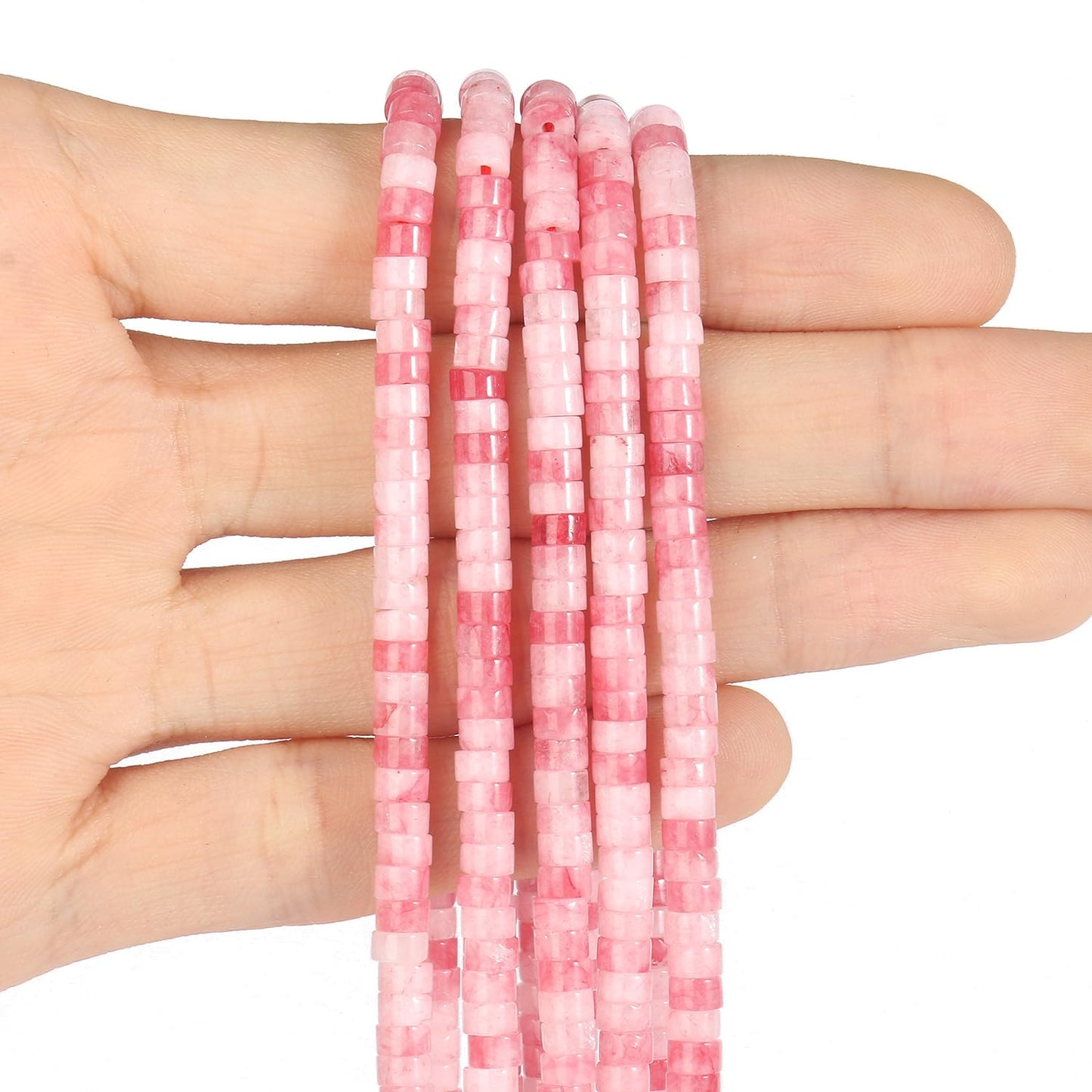 NITOPUPU 150Pcs 4×2mm Natural Pink White Jade Spacer Stone Beads for Jewelry Making Supplies, Loose Semi Flat Round Gemstone Tube Beads for Bracelets DIY Crafts