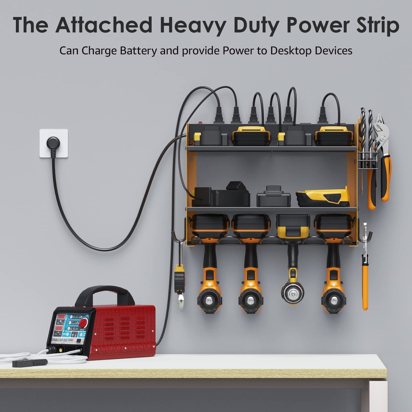 CCCEI Modular Power Tool Organizer Wall Mount with Charging Station. Garage Drill Storage Shelf with Hooks, Heavy Duty Rack, Tool Battery Holder Built in 8 Outlet. Gift for Men. Yellow, 1 Pack.