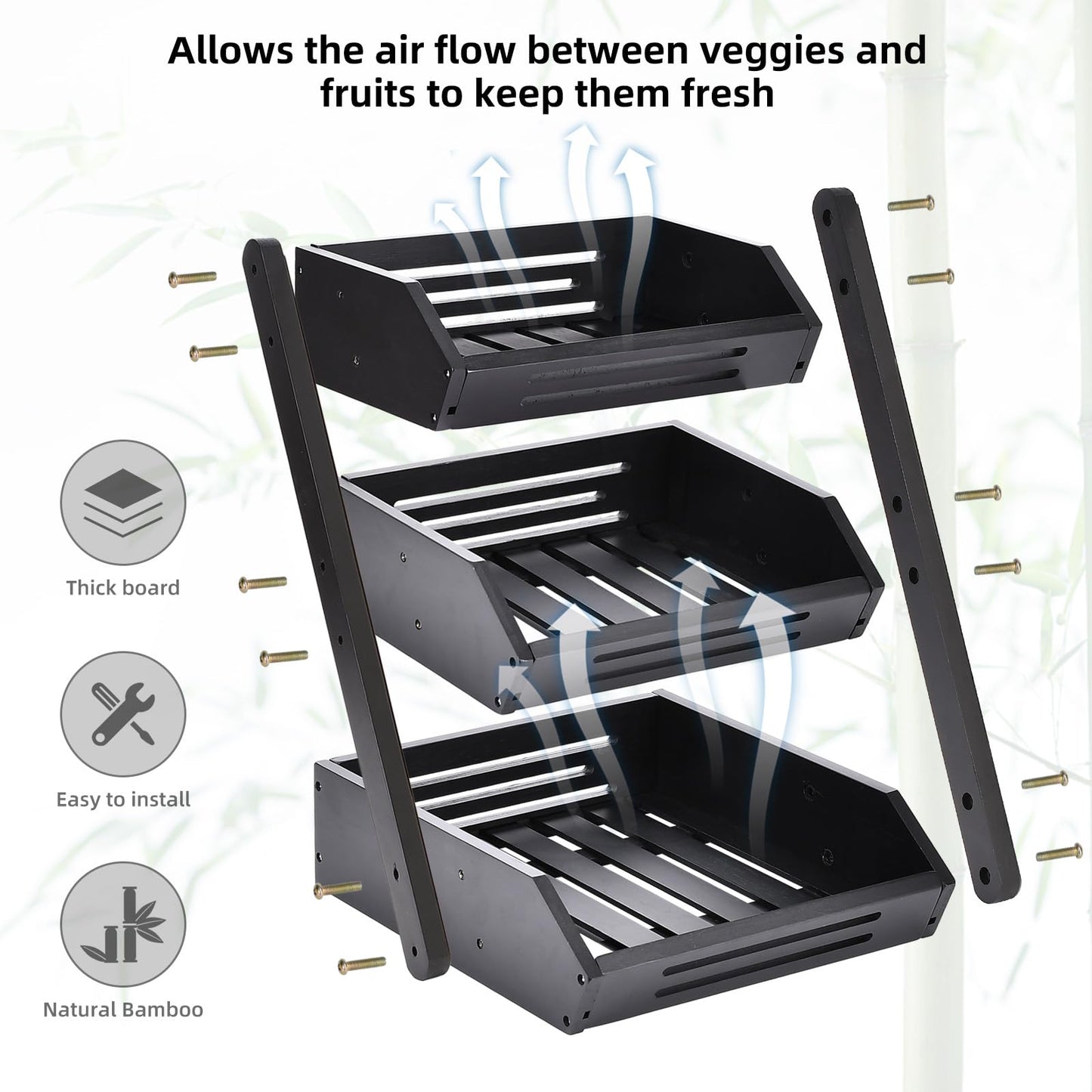 VIKEYHOME Fruit Basket, 3 Tier Bamboo Fruit Bowl for Kitchen, Fruit Vegetables Stand Storage Holder, Idea Home Kitchen Countertop Organizer