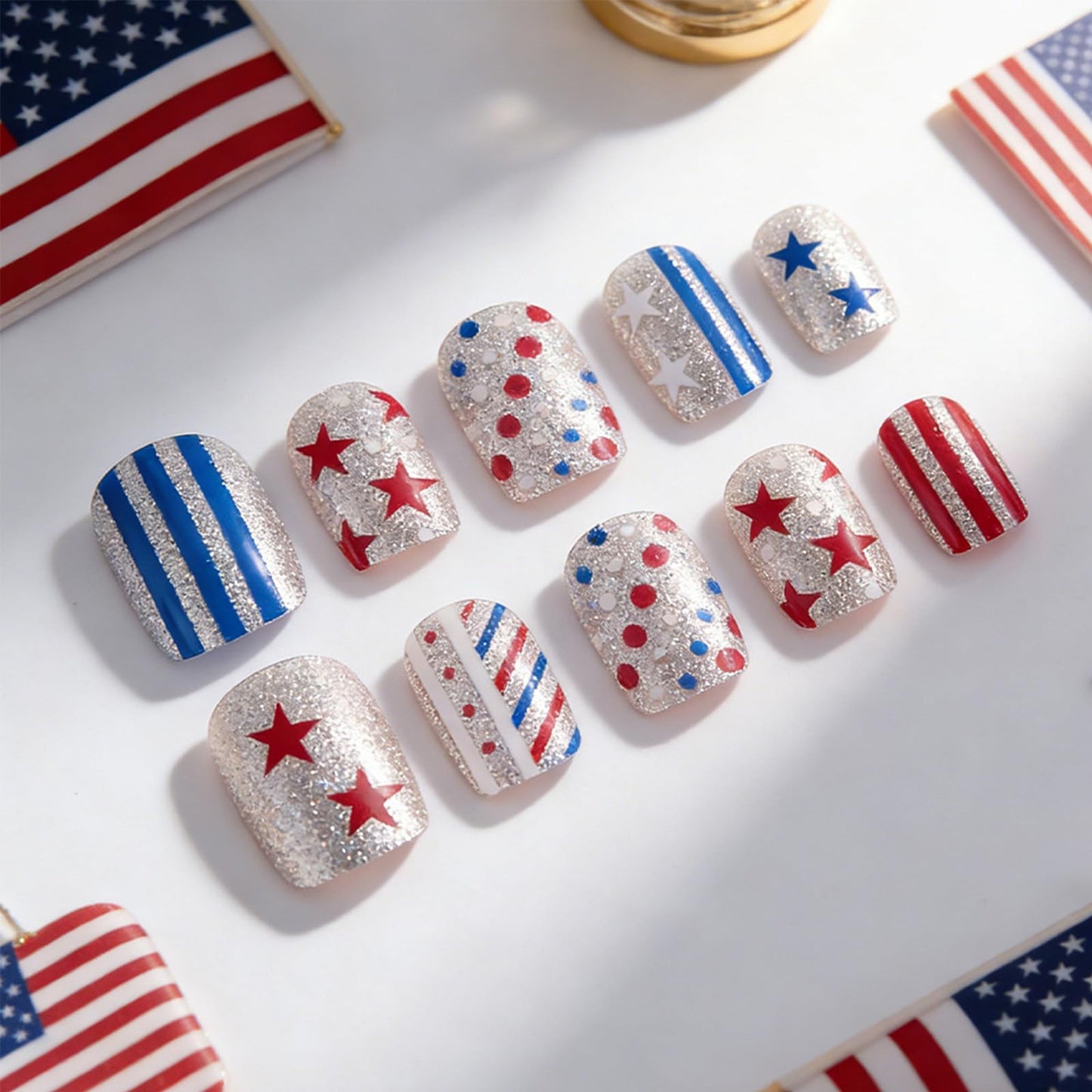 4th of July Press on Nails Short Square Fake Nails Silver Glitter False Nails with Polka Dot Star Stripes Design Independence Day Patriotic Nails Reusable Artificial Stick on Nail for Women 24Pcs