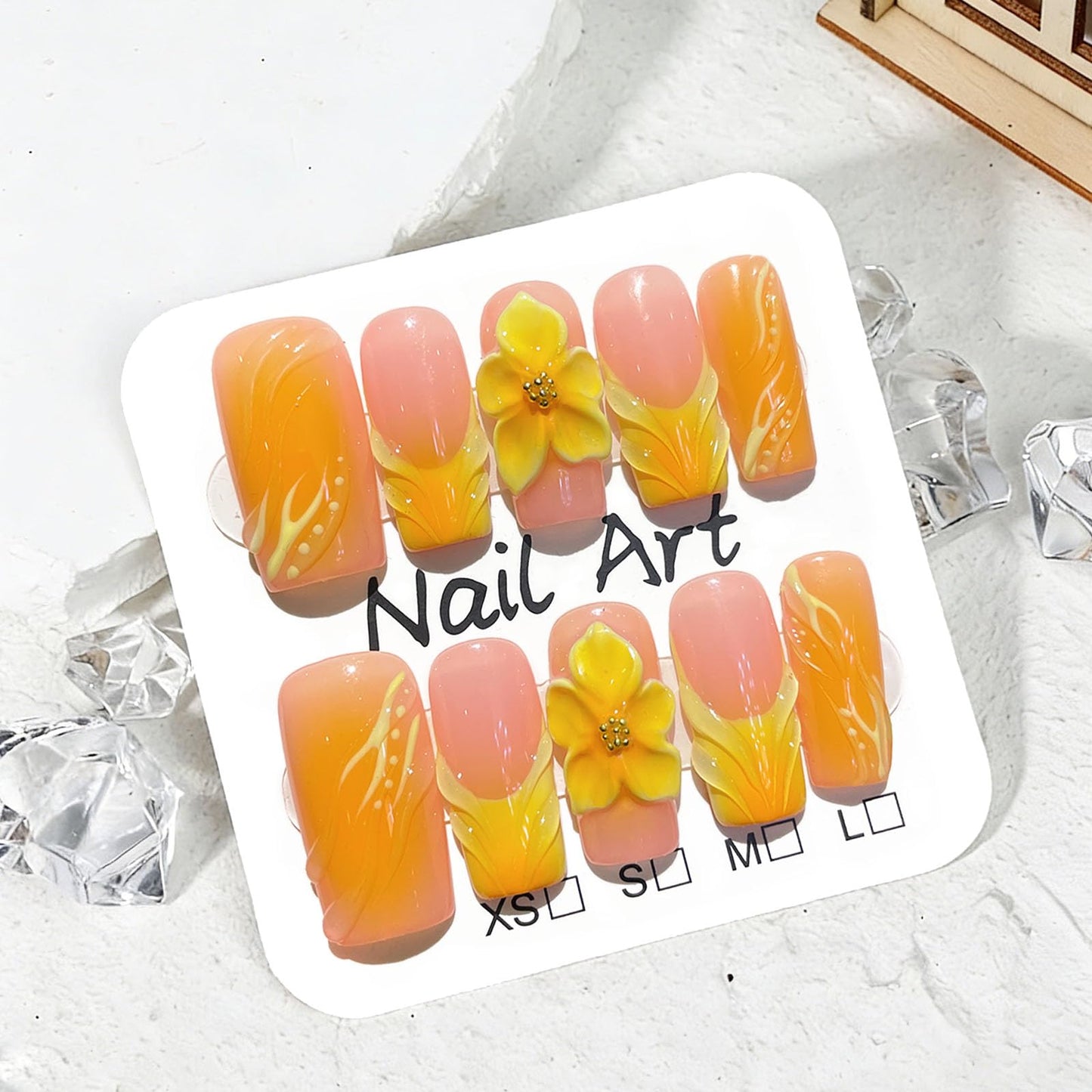 10 Pcs Handmade Press on Nails Medium Square Fake Nails with Yellow 3D Flower Curves Design Acrylic French Tip False Nails M Size Pink Press Ons Nails Square for Women Nail Art