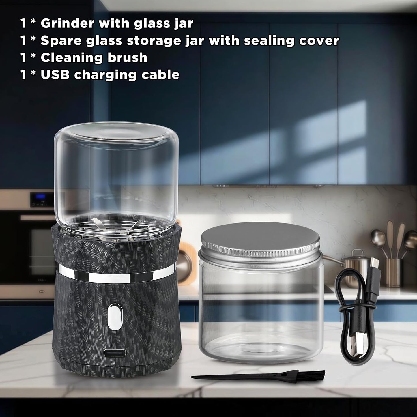 Unique Electric Herb Grinder, Small Spice Grinder Electric herb Grinders Mini Size 2x3.5inches with 2pcs 1.7oz/50ml Glass Jar Herb Jar Portable Grinders Rechargeable Automatic herb Grinder