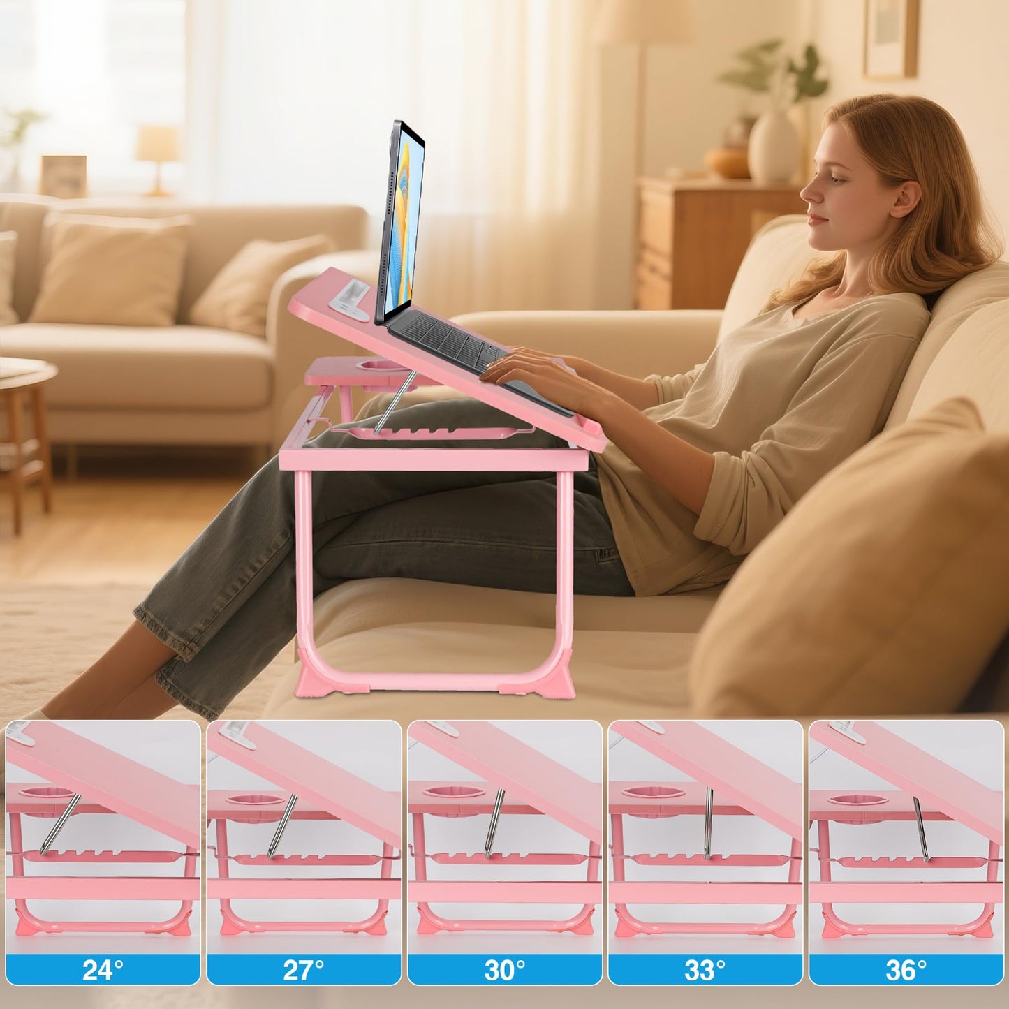 Laptop Bed Desk, Adjustable Lap Desk, Small Laptop Table with USB Charge Port, Desktop Card &Pen Slot, Cup Holder, Foldable Bed Tray Table for Couch Sofa Chair Floor Eating Working
