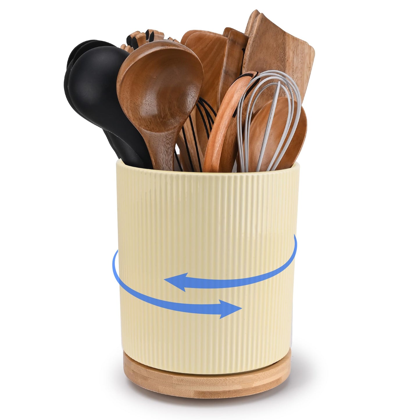 QUELIEN Utensil Holder, 360° Rotating Ceramic Kitchen Utensil Holder for Countertop, 7.7" Utensil Crock for Kitchen Counter with Rotatable Wooden Base,Ideal Housewarming Gift & Mothers Day Gift