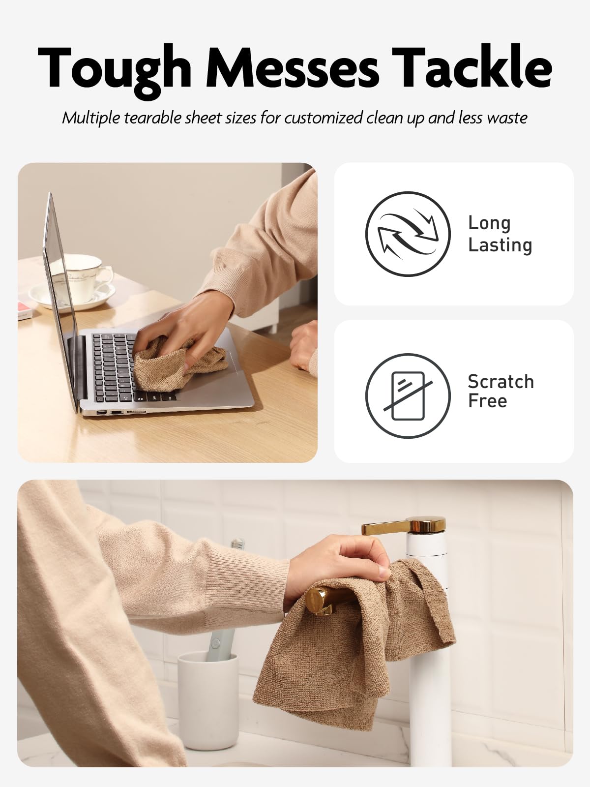 Fantasticlean Microfiber Cleaning Cloth Roll -60 Pack, Tear Away Microfiber Towels, 12" x 12", Reusable, Washable, Scratch Free, Ultra Absorbent Dishcloth for All-Around Cleaning (Beige & Tan)