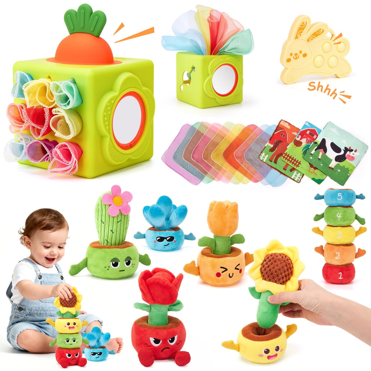 hahaland Montessori Baby Toys Bundle for 6–18 Months – Silicone Activity Tissue Box Cube & Plush Garden Stacking Toy, Fine Motor, Sensory & Early Learning Gifts for Boys & Girls