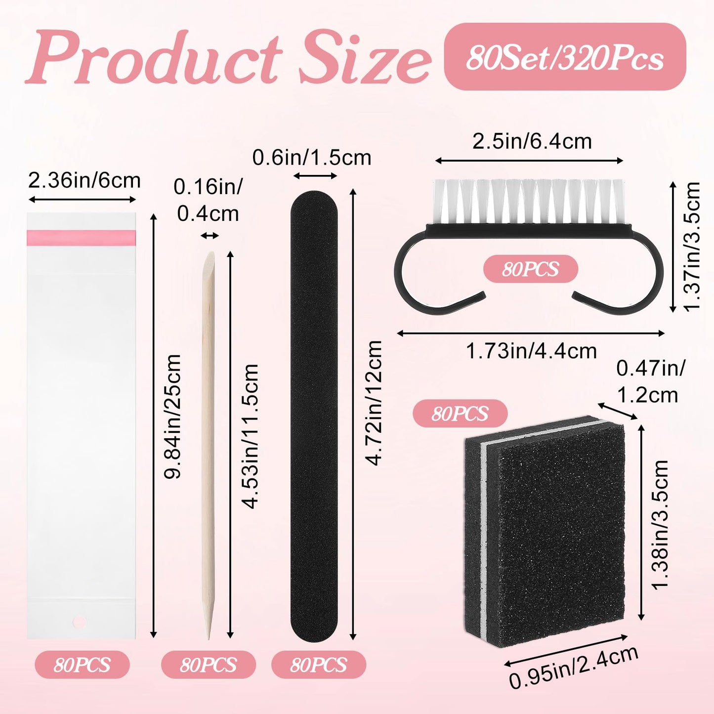 80 Sets Disposable Manicure Kit Basics 4 Piece Nail Kit for Travel,Handle Grip Brush,Mini Nail Buffer Nail File and Wood Stick for Gifts Salon Home Professional (Black)