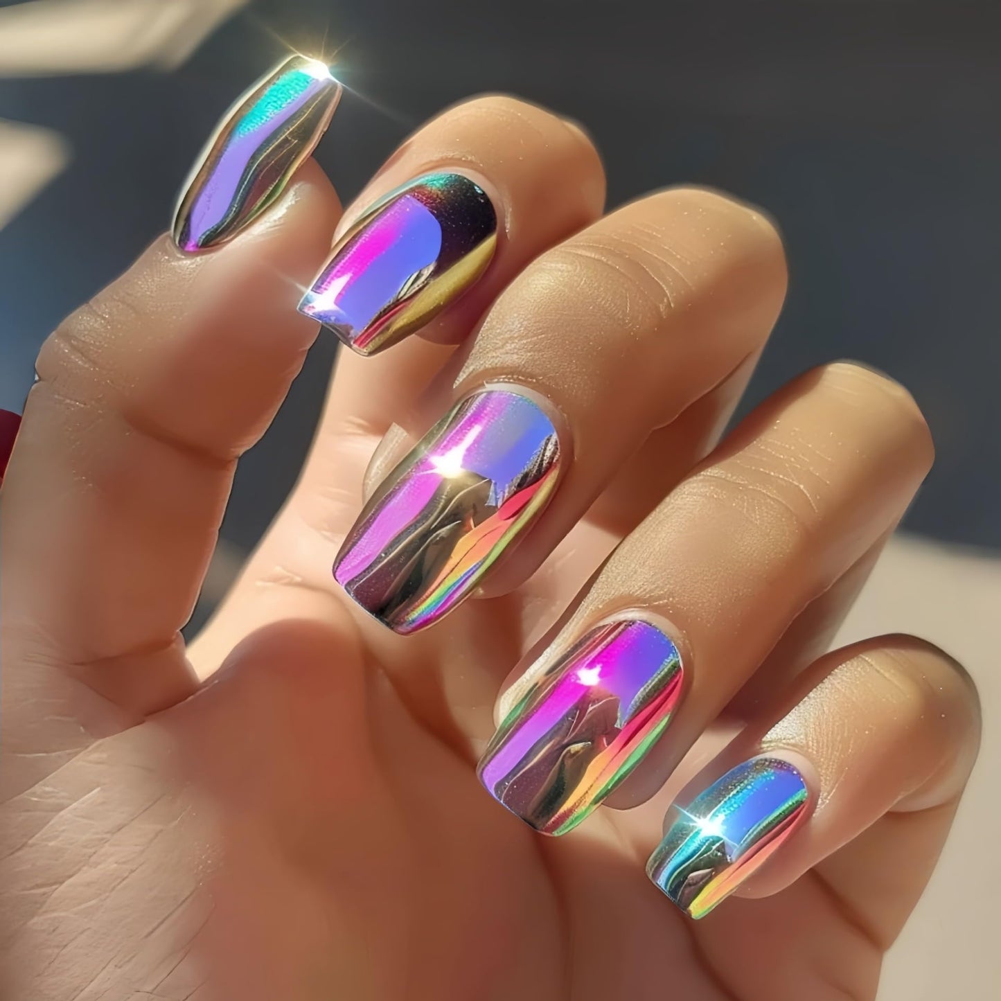 Chrome Press on Nails Medium Square Fake Nails Press ons with Glossy Holographic Gradient Acrylic Nails Metal Chrome False Nails Shiny Full Cover Glue on Nail for Women Manicure 24Pcs
