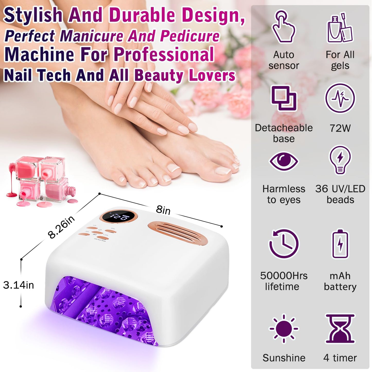 Cordless UV LED Nail Lamp - 72W Rechargeable Gel Nail Dryer with Patented Replaceable Light Board - Extra Spare Panel Included - Professional Wireless Curing Lamp for All Gels & Salon (White)