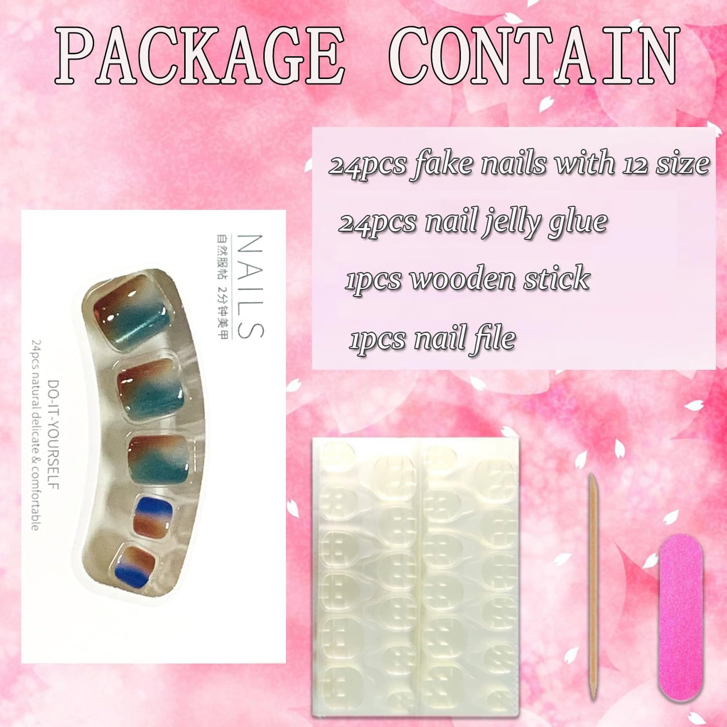 FIEONCIY 24Pcs Press-on Square Acrylic False Nails Set with Glue, Colorful Gradient Designs, Spring Summer Theme, Full Well Tips, Modern Style, Women's Full Cover Nails