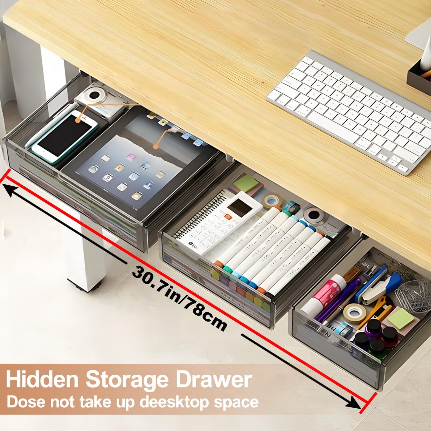 SVNNELP Under Desk Table Drawer Storage Organizer,3 Pack Large & Medium & Small Slide Out Desk Drawers - Hidden Desktop Organizer,Attachable Pencil Storage Tray Under Table(SML)