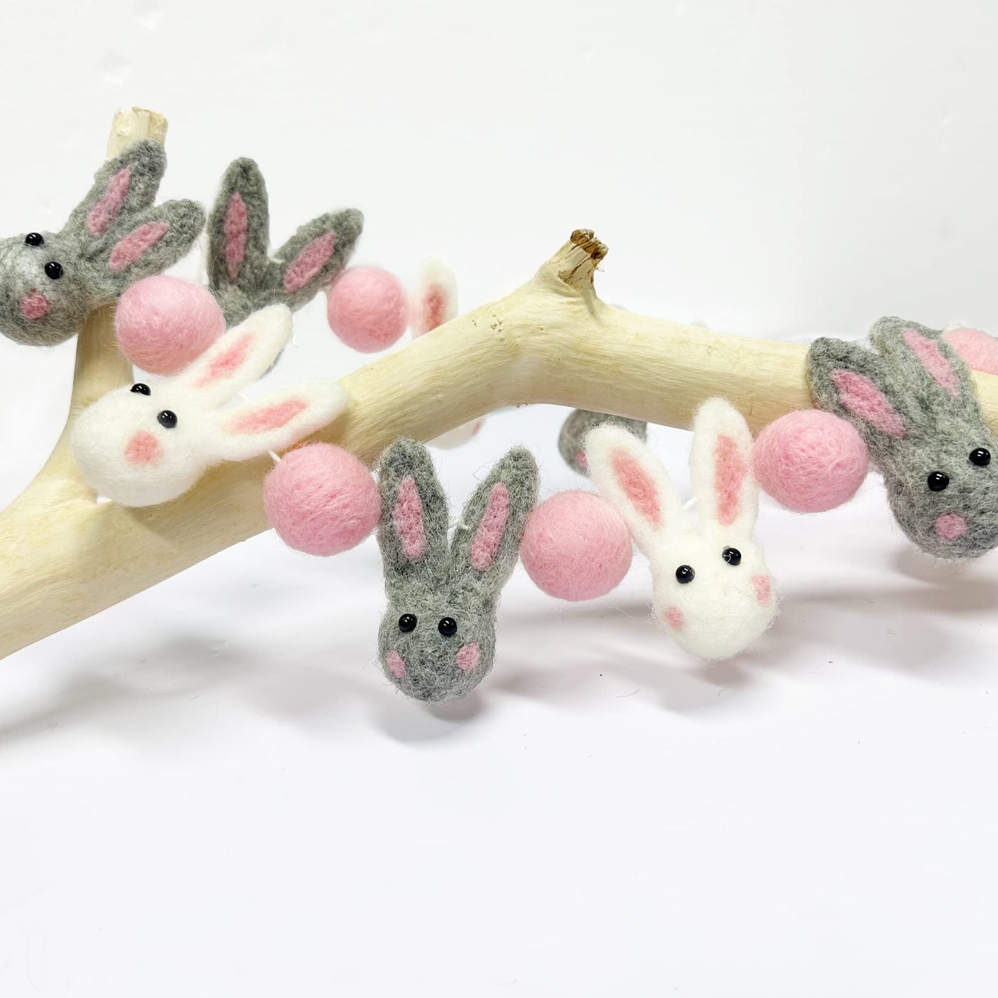 pinkblume Easter Felt Garland Wool Rabbit Pom Pom Banner,Handmade Bunny Ball Garland for Easter Holiday Baby Shower/Some Bunny is One/Nursery Decorations/Wall Hanging Decor(White/Pink/Grey)