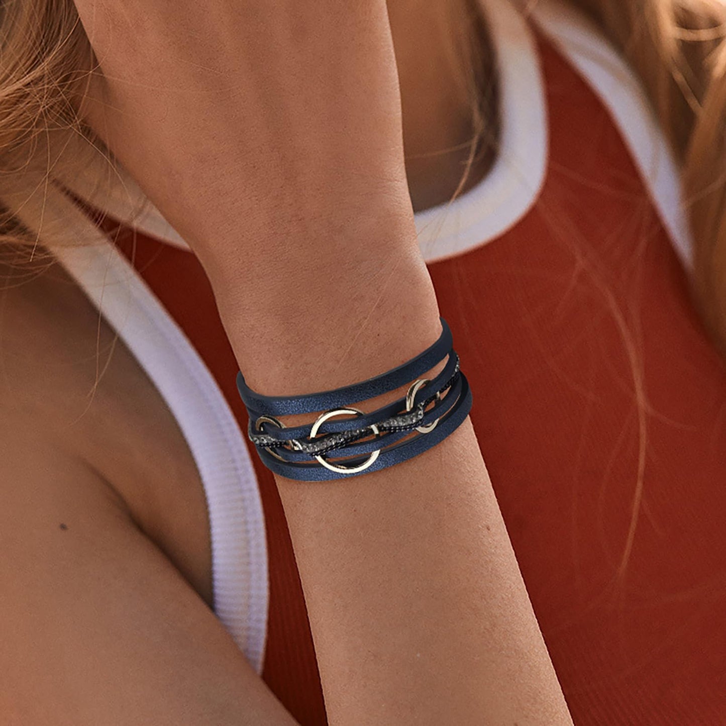 Leopard Bracelet for Women, Boho Leather Wrap Multi-Layer Pearl Crystal Bracelet Bangle Jewelry(Three Circle(Blue))