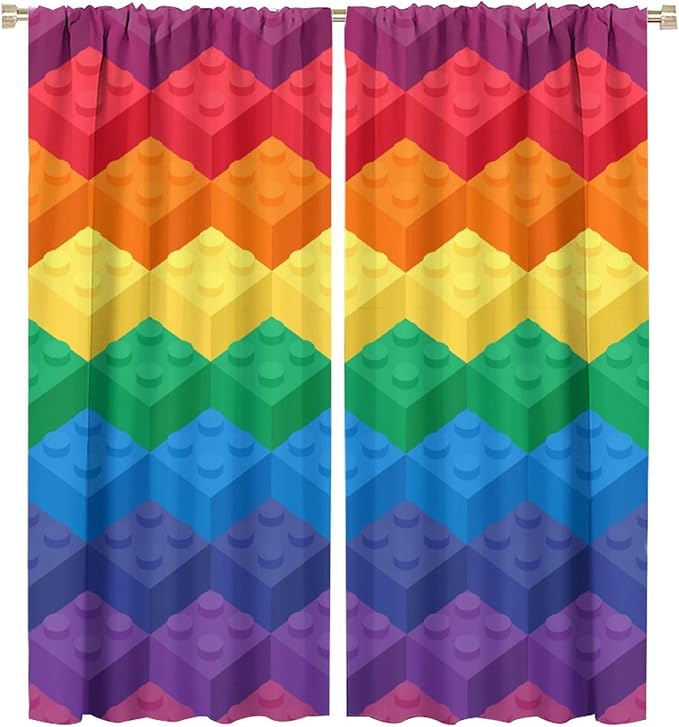 Colorful Building Blocks Cartoon Toy Printed Curtains, Bedroom, Living Room, Architecture, Curtains, Fun Brick 3D Design Curtains, Children's Living Room, Window Treatment Panels 2 Panels 55x63in