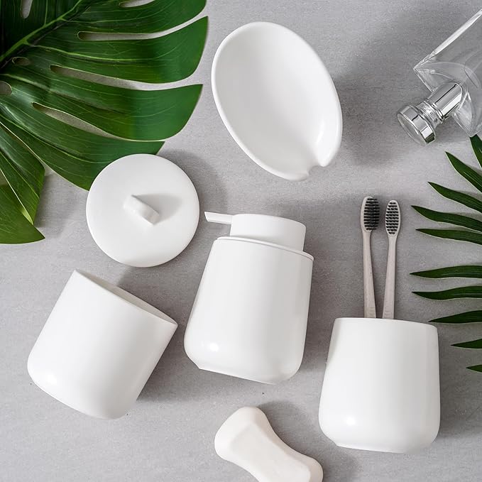 Ceramic Bathroom Accessories Set,Includes Foaming Soap Dispenser, Toothbrush Holder, Soap Dish, Cotton Swab Jar,Bathroom soap and Toothbrush Holder Set,Classic Design(White Set - Foam)