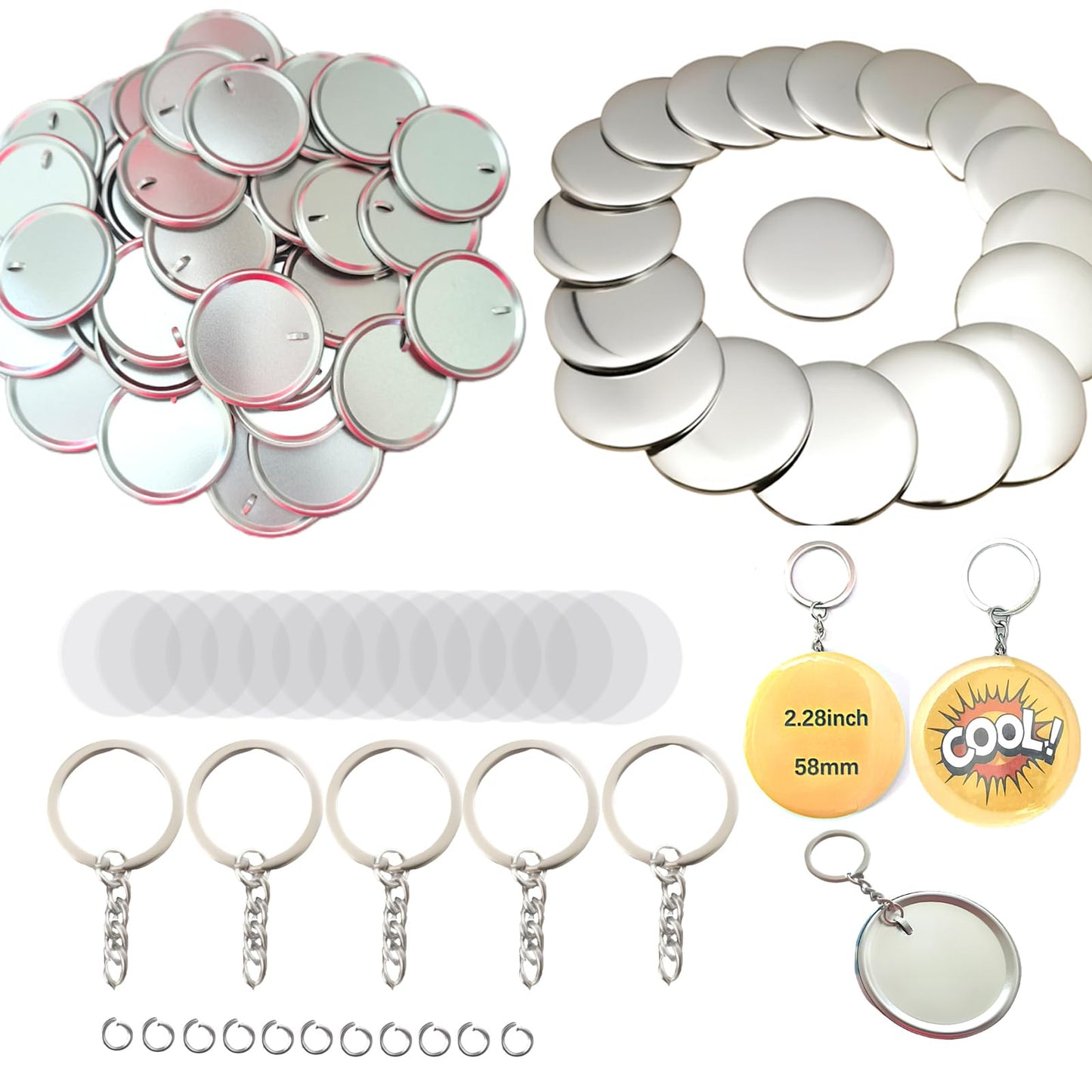 YiiYiiGO Button Maker Keychain Supplies, 50Sets 2.28inch/58mm Keychain Button Making Kit for Pin Maker Machine with Metal Shell Back Cover, Metal Top Cover, Transparent Film