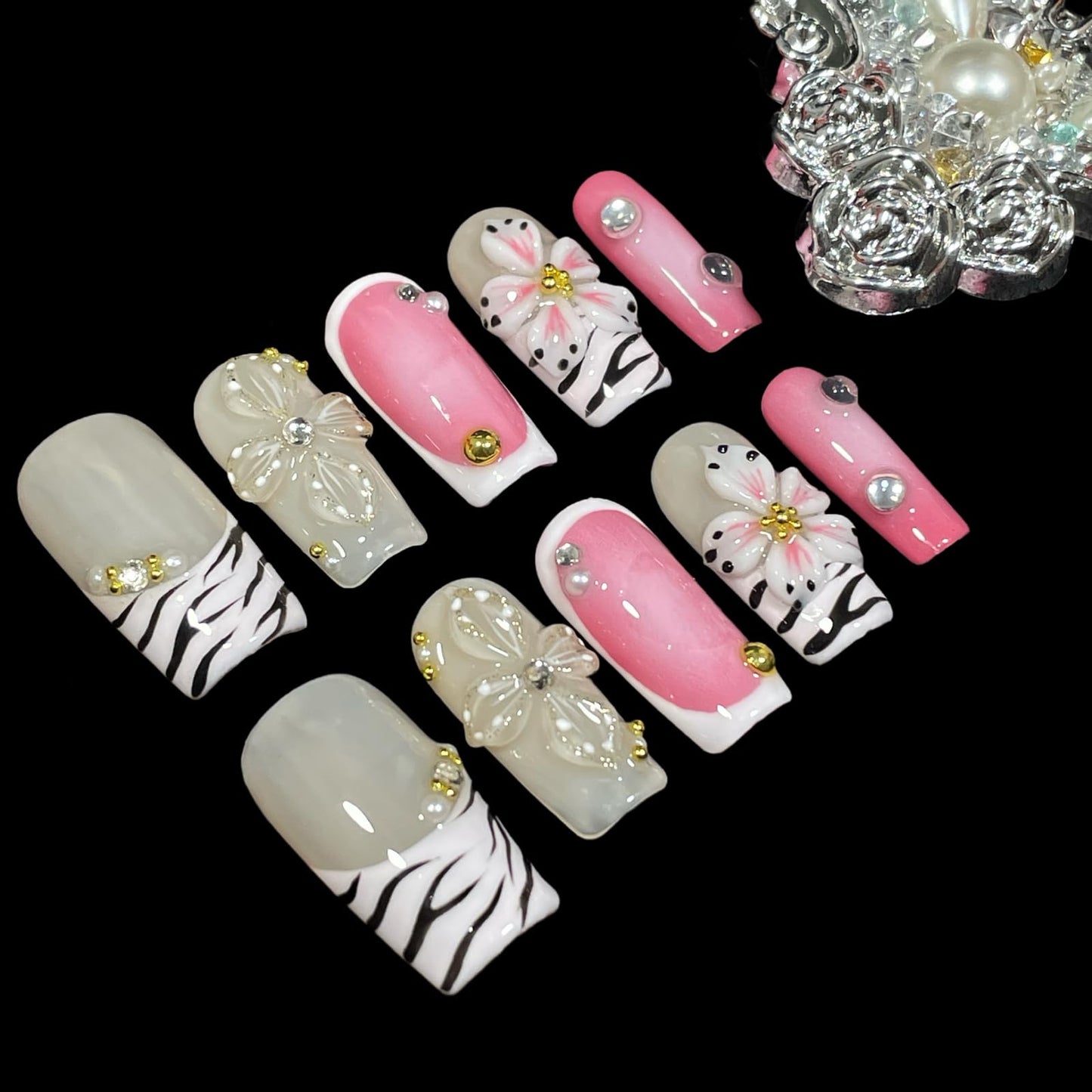 Handmade Press On Nails Short-Medium Square Bold Pink Zebra Stripes & 3D Floral | Glitter Flowers With Gold Accent | Reusable Acrylic Fake Nails for Parties & Daily (Pink Zebra, L)