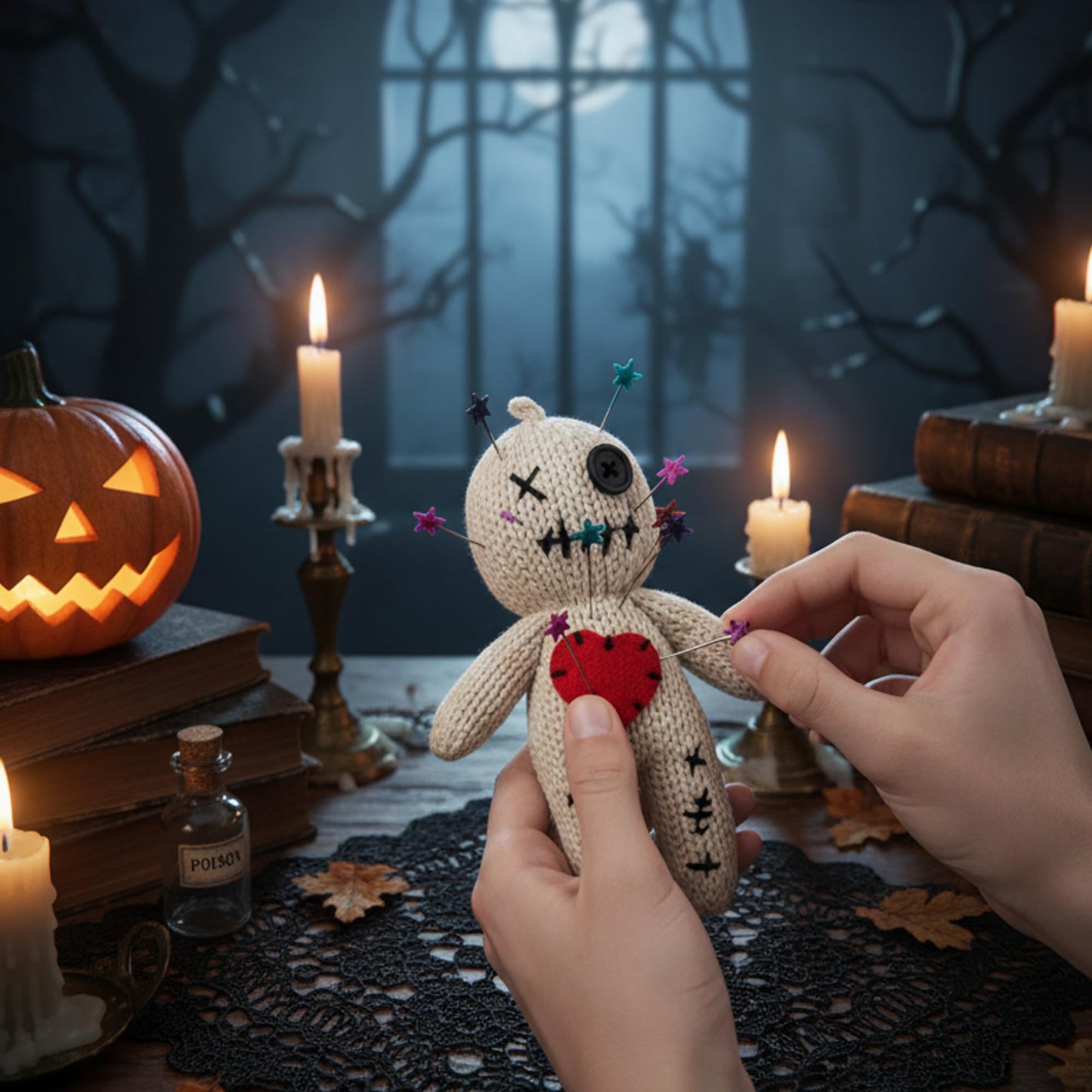 DKUUPEX Voodoo Doll with 18 Pins, Creepy Horror Plush Stress Relief Halloween Decoration & Funny Gag Gift for Friends, Office & Party for Adult
