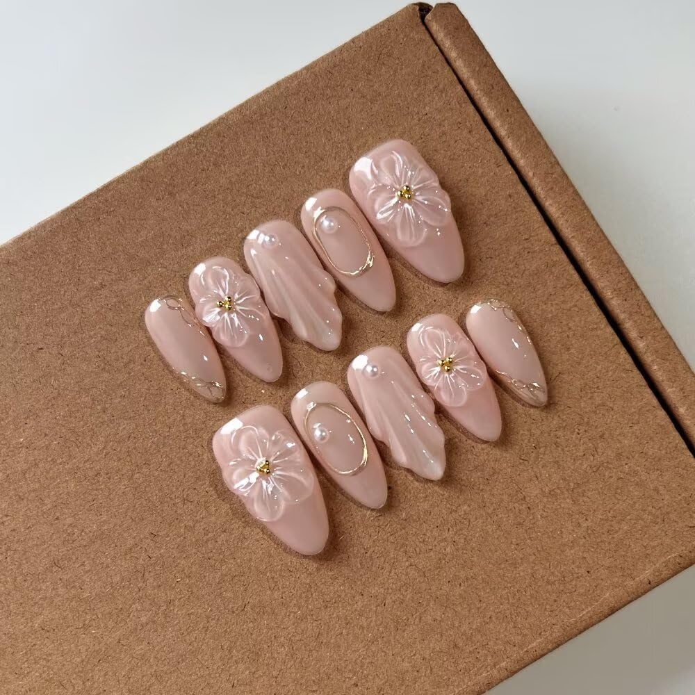 Handmade Acrylic Press On Nails Almond, Simple False Nails For Women, Reusable ABS Material Fake Nails, 10 Pcs Medium Almond Stick On Fingernail, DIY Art At Home with Nails Set (Size M)