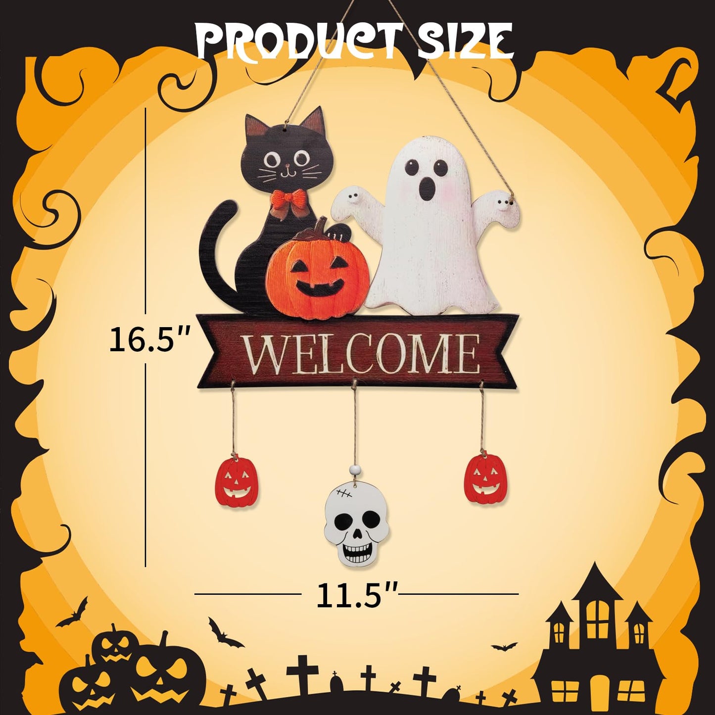 Halloween Welcome Sign Hanging Wood Decor - Spooky Ghost, Black Cat, Pumpkin & Skull for Front Door Wall Decorations with 3 Pendant (Pumpkin, Skull, Pumpkin), Indoor Outdoor Fall Party Supplies