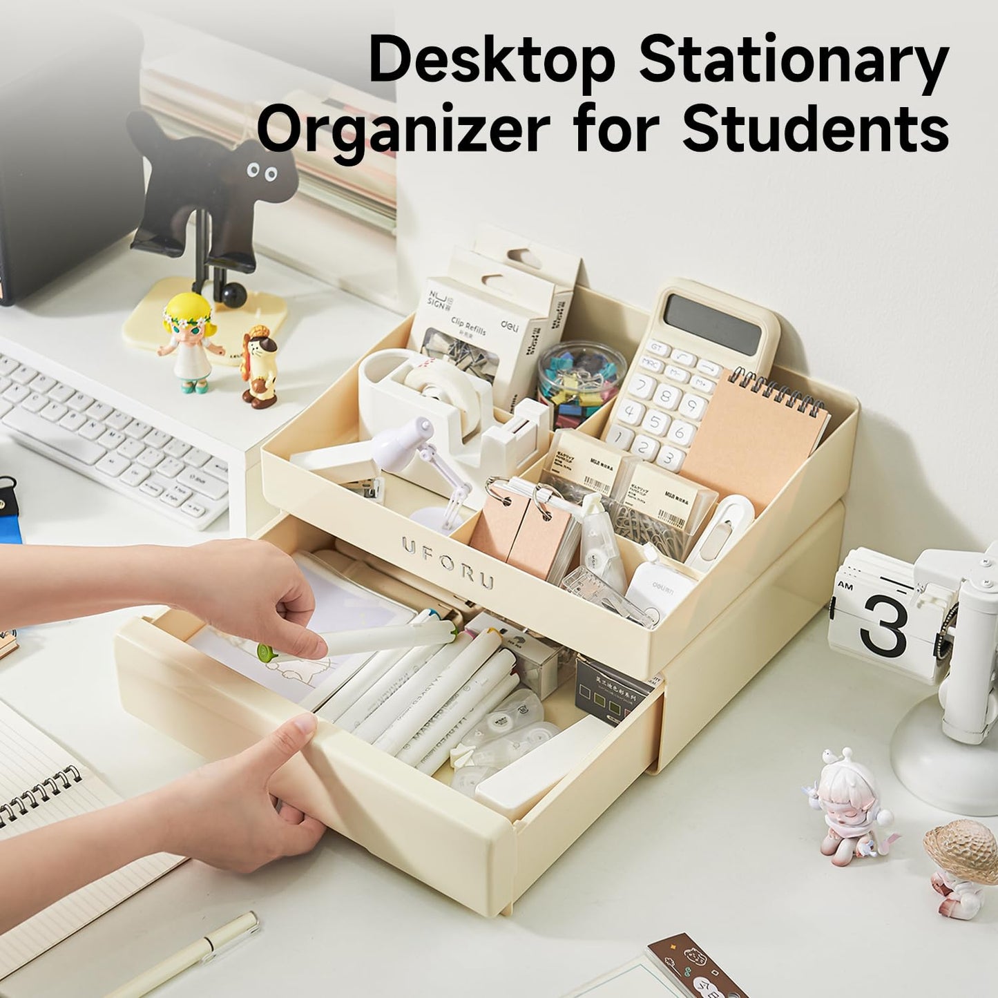 UFORU Desk Organizer with 6 Compartments, 2 Tier Stackable Storage Drawers Plastic Makeup Storage, Office Desk Storage Box, Stationary Sorting Helper