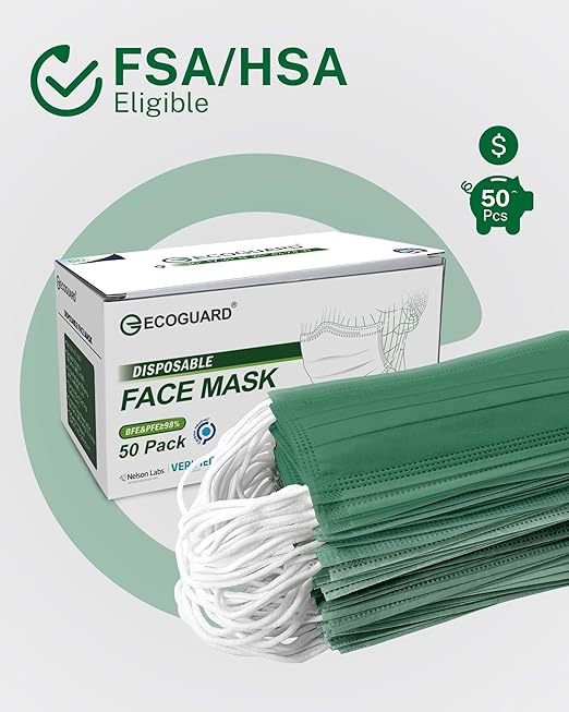 Disposable Face Masks Made in USA, 4 Ply for Families, Students, Breathable All-Day Wear & Safety, FSA HSA Eligible, ASTM Level 3 Medical Grade, 50 Pack, Hunter Green